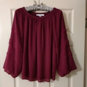 LOFT Burgundy Peasant Blouse with Tiered Balloon Sleeves